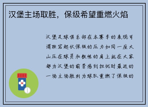 汉堡主场取胜,保级希望重燃火焰