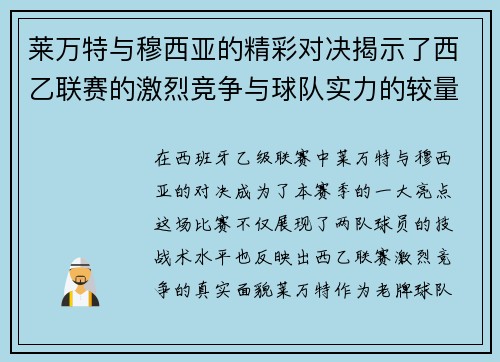 莱万特与穆西亚的精彩对决揭示了西乙联赛的激烈竞争与球队实力的较量