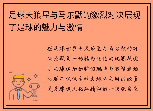足球天狼星与马尔默的激烈对决展现了足球的魅力与激情