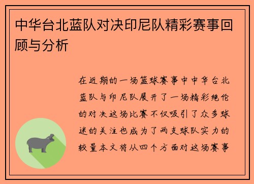 中华台北蓝队对决印尼队精彩赛事回顾与分析