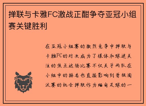 掸联与卡雅FC激战正酣争夺亚冠小组赛关键胜利