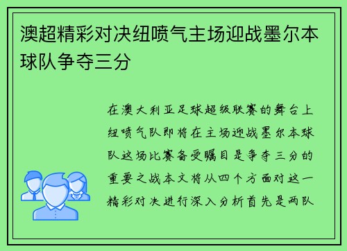澳超精彩对决纽喷气主场迎战墨尔本球队争夺三分