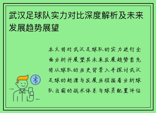 武汉足球队实力对比深度解析及未来发展趋势展望