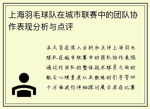 上海羽毛球队在城市联赛中的团队协作表现分析与点评